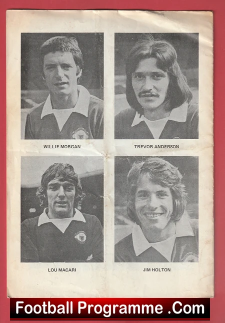 Four black-and-white headshots in a grid from a football program: Willie Morgan, Trevor Anderson, Lou Macari, and Jim Holton.