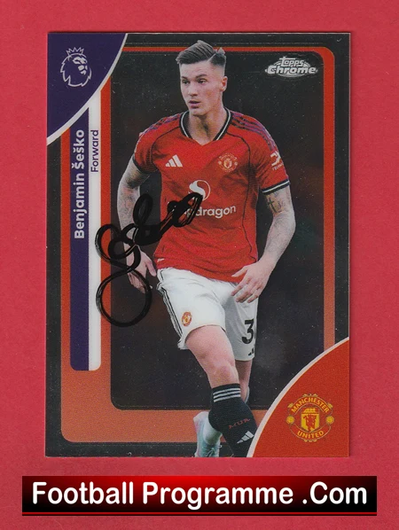Autographed football trading card featuring a Manchester United forward in a red shirt, with a black signature across the image (Topps Chrome).