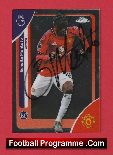Autographed Topps Chrome football card featuring Bendito Mantato in Manchester United kit with a bold red border.