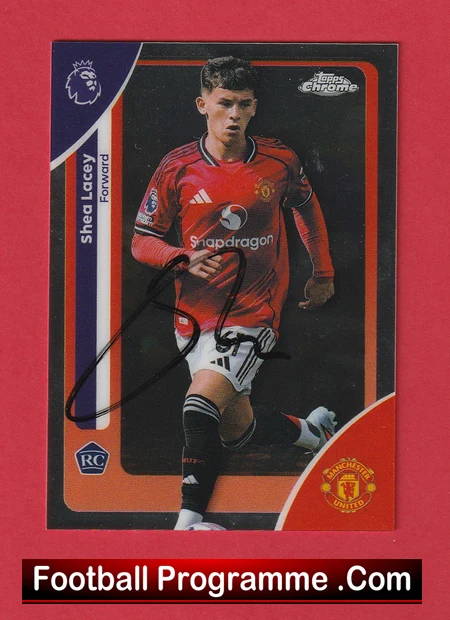 Autographed Topps Chrome football trading card featuring a Manchester United forward in a red kit on a red background.