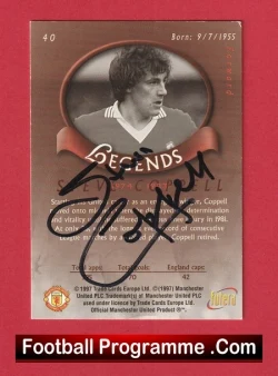 Red football programme cover featuring a black-and-white player portrait in a circle with a red ribbon and the word Legends across it, plus a bottom 'Football Programme.Com' bar.