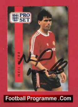 Autographed football programme cover featuring Neil Webb in a red Manchester United jersey with the Pro Set logo and FootballProgramme.Com label.