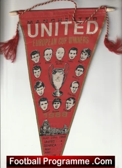 Red Manchester United pennant commemorating European Cup winners, with a trophy and player headshots.