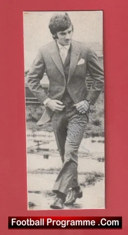 Vintage black-and-white photo of a man in a suit walking forward, framed by a red border with the caption 'Football Programme .Com'.