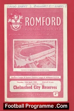 Pink Romford Football Club programme cover featuring the club crest, an aerial stadium illustration, and the caption 'Chelmsford City Reserves' (informational poster style).