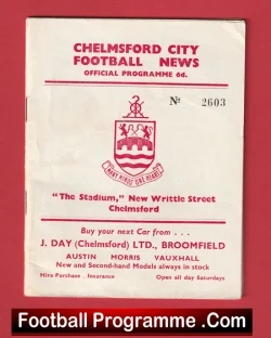 Front page of the Chelmsford City Football News official programme, showing the club crest and the address 'The Stadium, New Writtle Street, Chelmsford'.