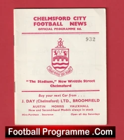 Cover of Chelmsford City Football News official programme, showing the club crest and the bottom 'Football Programme.Com' banner.
