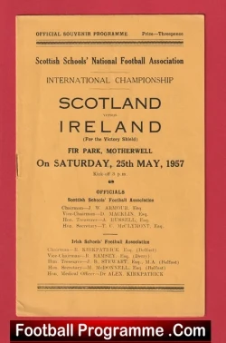 Front cover of a vintage football programme: Scotland vs Ireland, International Championship, Saturday 25 May 1957 at Fir Park, Motherwell.