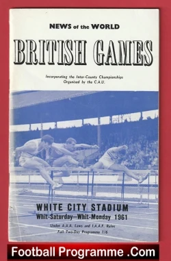 Front cover of a 1961 football programme: 'British Games' with 'News of the World' and a blue-toned photo of track athletes at White City Stadium; red footer reads 'Football Programme.Com'.