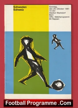 Vintage football programme cover for Sweden vs Switzerland, Oct 29, 1961, with colorful blocks and a footballer illustration; bottom text reads Football Programme .Com