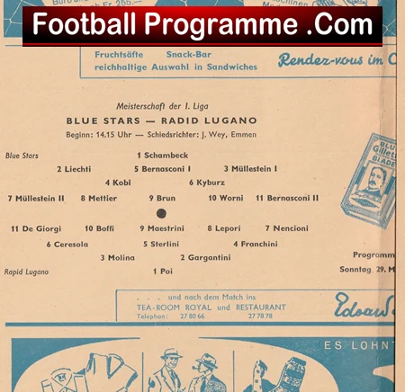 Vintage football program page showing Blue Stars vs Radi Lugano lineup and match details