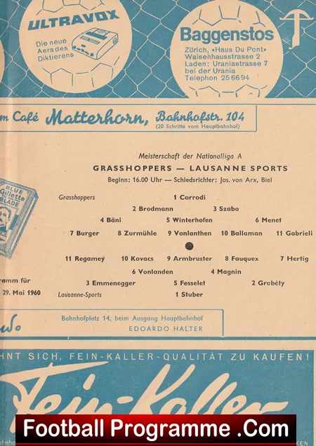 Vintage football programme page showing Grasshoppers vs Lausanne-Sports lineup and match details, Lausanne, 1960.