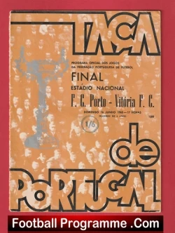 Vintage football final programme cover for Porto vs Vitória de Setúbal on an orange, weathered background.