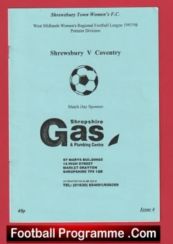 Football programme cover for Shrewsbury Town Women vs Coventry, in the West Midlands Women's Regional League, sponsored by Shropshire Gas.