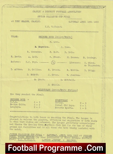 Old yellowed match program for the Crawley & District Football Association Senior Colleges Cup Final, played April 10, 1965 at Town Meadow, Crawley; lists teams and players, plus final scores and notes.