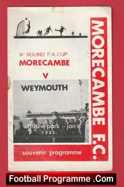 Vintage Morecambe FC vs Weymouth souvenir football programme cover for the 3rd round FA Cup, 1962.