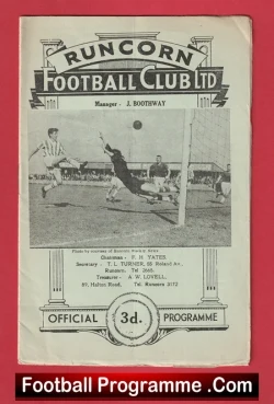 Front cover of a vintage Runcorn Football Club Ltd official programme featuring a black-and-white action photo of a goalkeeper diving to save a shot, priced 3d.