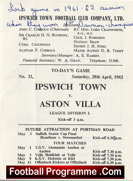 Front page of a 1962 Ipswich Town vs. Aston Villa football programme, listing match details for 'To-day's Game' on Saturday, 28th April 1962, with club staff and kickoff time (3 p.m.), plus tour matches and future attractions. A handwritten note is visible along the top.