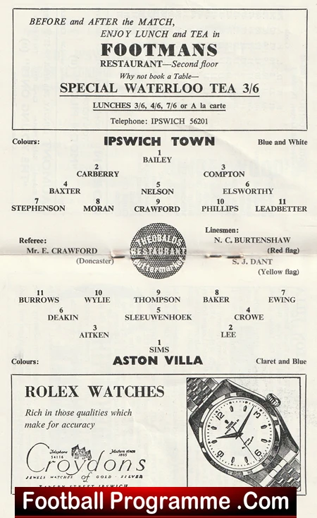 Football programme page showing Ipswich Town vs. Aston Villa lineups with player numbers 1–11, referee and linesmen listed, plus a vintage ad section at the bottom.