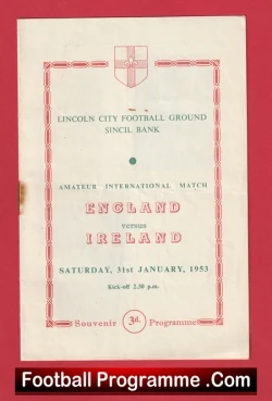 Front cover of a souvenir football programme for England vs Ireland (amateur international) at Lincoln City Ground, Sincil Bank, January 31, 1953.