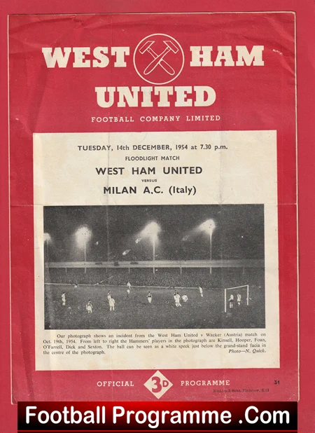 Front cover of a 1954 West Ham United football programme featuring the hammer crest and match details vs Milan A.C.