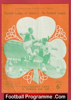 Vintage football programme cover for League of Ireland vs The Football League at Dalymount Park, St. Patrick’s Day 1953, orange with a green four‑leaf clover motif.