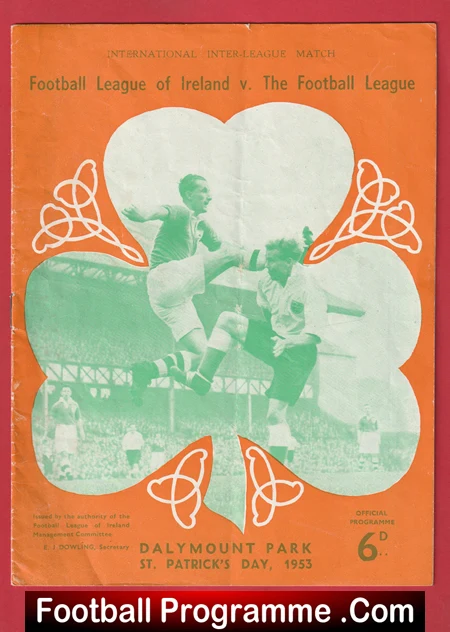 Front cover of a 1953 Dalymount Park football programme: Ireland vs. The Football League, St. Patrick's Day match.