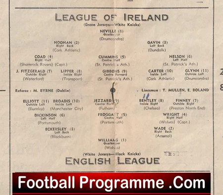 Vintage League of Ireland lineup diagram showing players and positions with a 'Football Programme .Com' banner at the bottom.