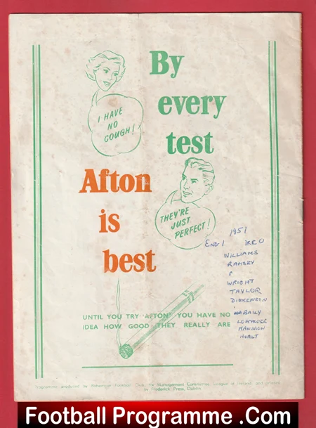 Vintage football programme cover with the slogan 'By every test' and 'Afton is best' in green and orange text on a worn white background with a green border.