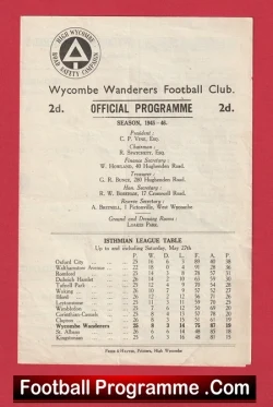 Front page of Wycombe Wanderers Football Club official programme, 2d, season 1945–46, with club crest and match listings.
