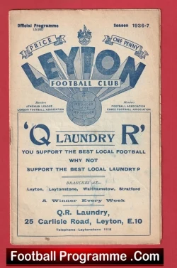 Vintage Leyton Football Club programme cover (1936–37) with blue typography, sponsor 'Q Laundry R' and 'Football Programme' at the bottom.