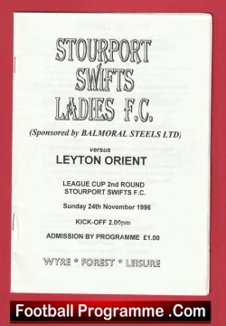 Programme cover for Stourport Swifts Ladies F.C. vs Leyton Orient, League Cup 2nd Round, Sunday 24 November 1996, kick-off 2:00pm, admission £1.00; Wyre Forest Leisure.