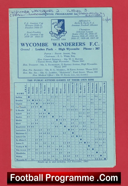 Front cover of a Wycombe Wanderers football programme featuring the club crest, blue title text, and a large match results table.