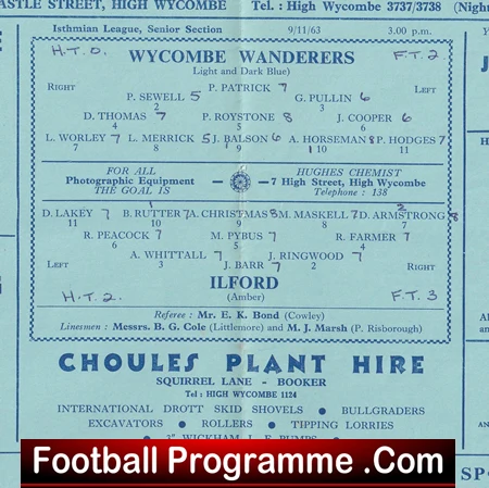 Vintage football programme page for Wycombe Wanderers vs Ilford, showing team lineups and a Choules Plant Hire ad at the bottom.