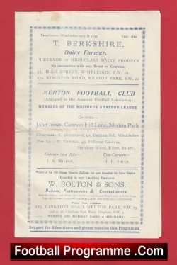 Front page of a vintage football programme with blue text ads and club listings, framed against a red background.
