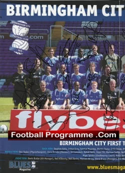 Group photo of Birmingham City FC players in blue kits on a football programme cover, some signatures across the image.