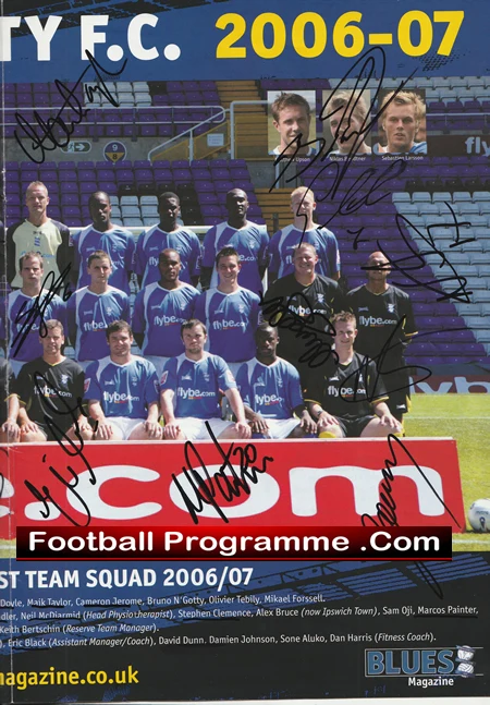 Signed football club squad photo for 2006-07 season, players in blue jerseys posing on a stadium field with 'Football Programme' banner.