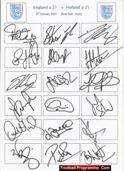 Autograph page from a football programme showing 20 signatures in a 4x5 grid for England U21 vs Holland U21 on 8 February 2005 at Pride Park, Derby.