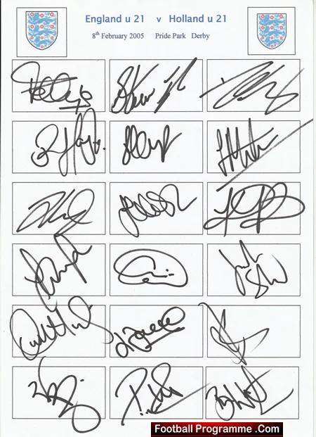 Autograph sheet for England U21 vs Holland U21, Derby 8 February 2005, showing multiple player signatures in squares on the page.