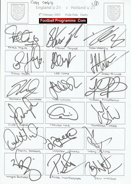 Football programme page for England U21 vs Holland U21 (8 Feb 2005) with 20 player signatures in autograph boxes.