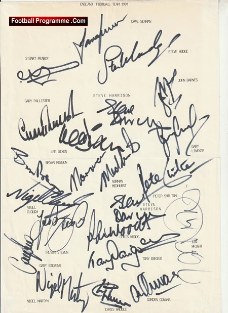 England football team 1991 programme page with numerous player signatures across the page.