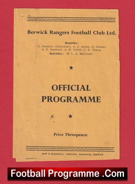 Front cover of an old Berwick Rangers football programme, cream paper with decorative borders and 'OFFICIAL PROGRAMME' heading.