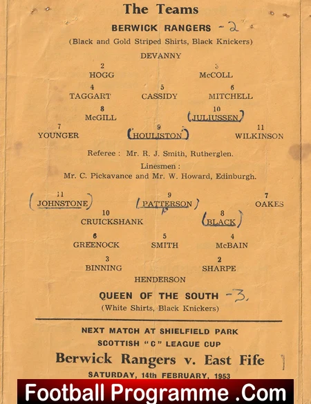 Vintage football match program for Berwick Rangers vs East Fife, showing lineups with players listed by position, referee and linesmen, on a yellowed page.