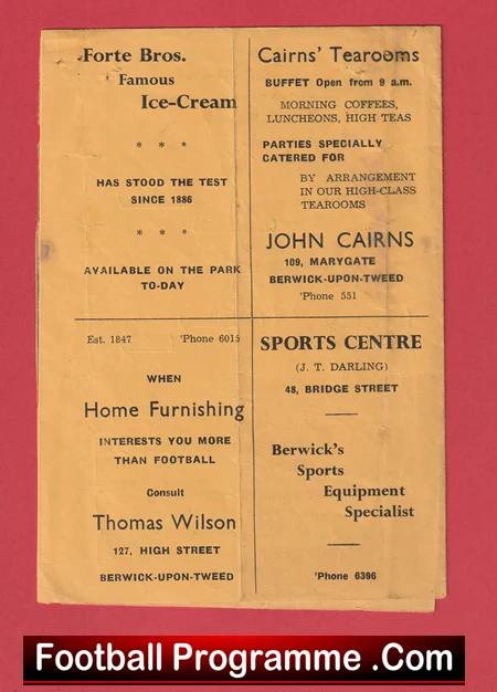 Vintage four-panel football programme page with ads for Forte Bros Ice-Cream, Cairns Tearooms, Home Furnishings, and Berwick's Sports Centre on yellowed paper.