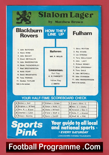 Back cover of a vintage football programme: Slalom Lager by Matthew Brown, Blackburn Rovers vs Fulham lineups, referee and linesmen, blue layout with Sports Pink logo at bottom.