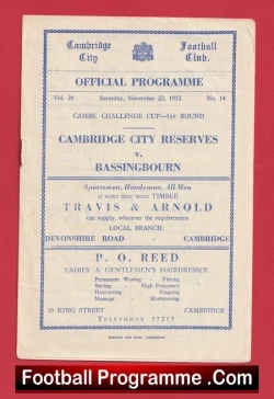 Cambridge City v Bassingbourn 1952 - Reserves Match - football programme