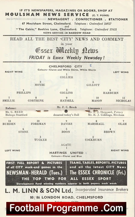 Front page of a vintage Essex Weekly News newspaper showing a football team lineup with player names and positions.