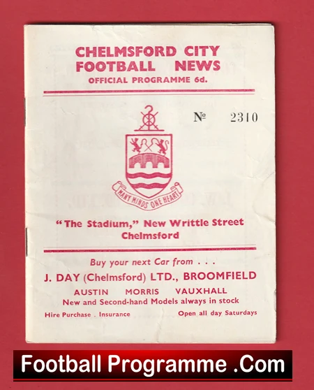 Vintage Chelmsford City Football News programme cover featuring the club crest, 'Official Programme 6d,' and the stadium address 'The Stadium, New Writtle Street, Chelmsford.'