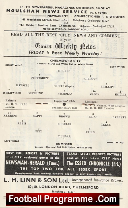 Vintage football programme page advertising the Essex Weekly News with team lineups and positions (Right Wing, Left Wing, etc.), header and promotional text visible.