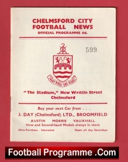 Front cover of a Chelmsford City Football Programme: club crest, 'Chelmsford City Football News' official programme, stadium address in Chelmsford, and a bottom 'Football Programme.com' bar.